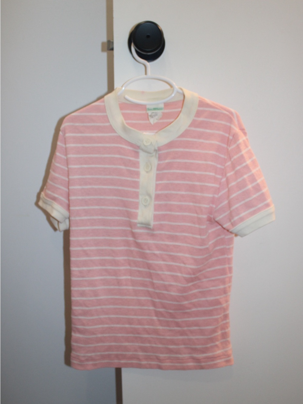 VTG Sears JR Bagnur Kids Pink Striped Henley Tee - Made in USA - Small
